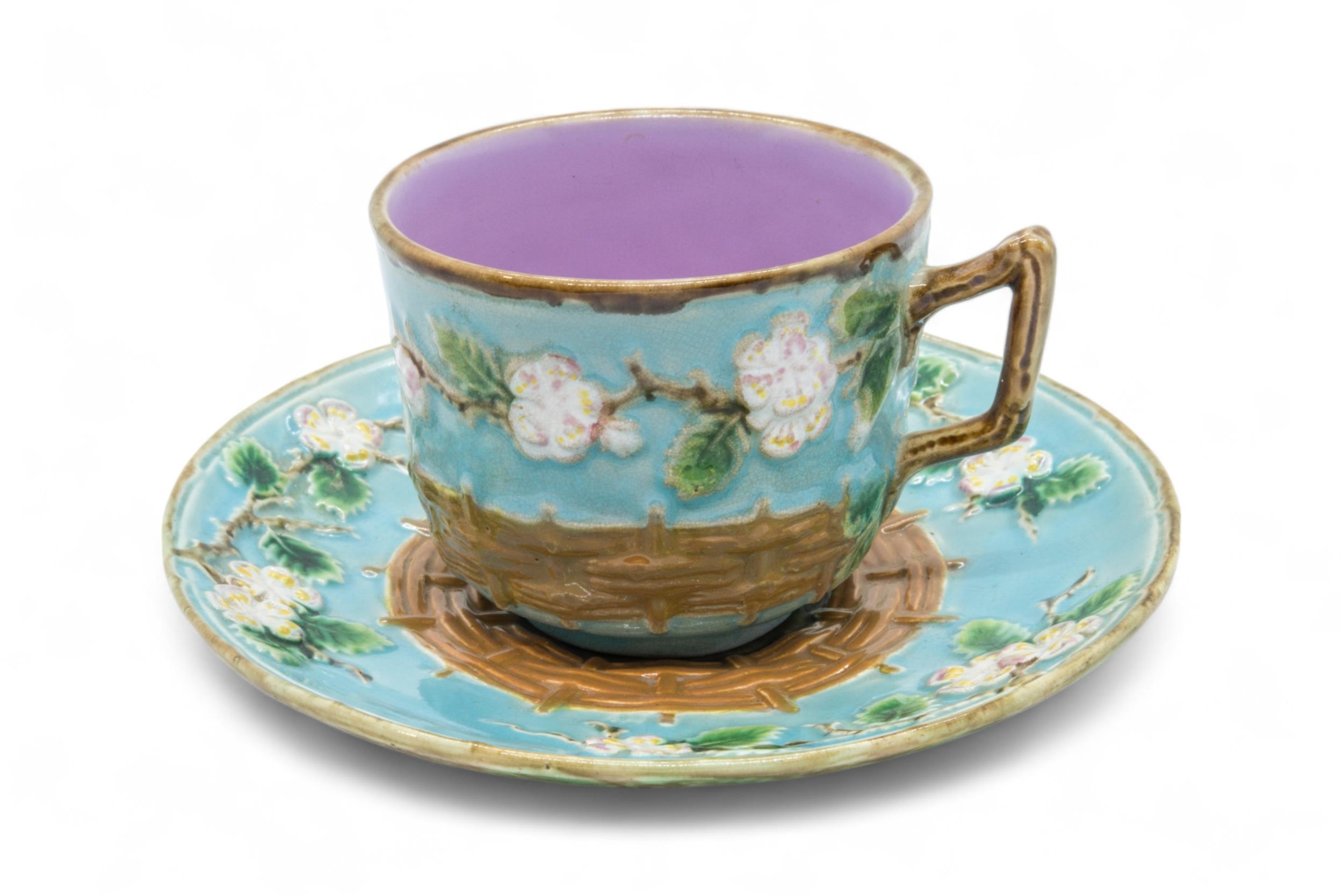 A GEORGE JONES MAJOLICA CUP AND SAUCER Late 19th century, together with a majolica tazza, tazza is - Image 3 of 3