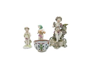 THREE DERBY FIGURES 18th century, a Worcester tea bowl, tallest figure is 17cms high