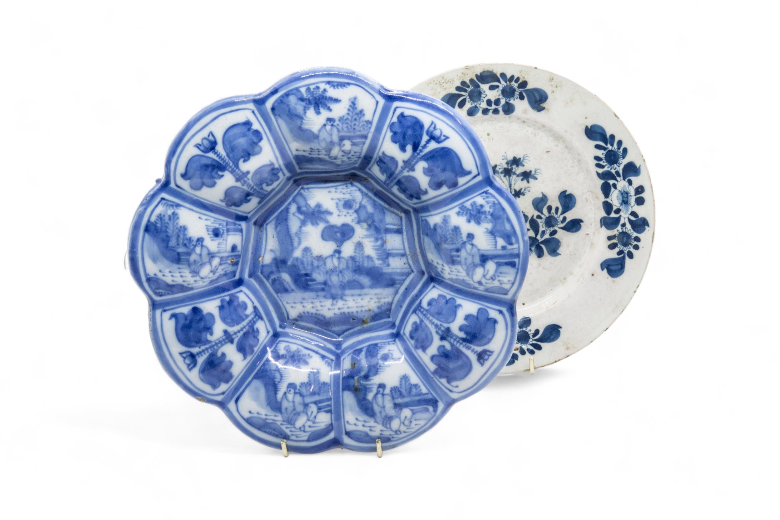 A LATE 17TH / 18TH CENTURY LOBED FAIENCE DISH Together with seven 18th century delft plates, 25cms - Image 5 of 6