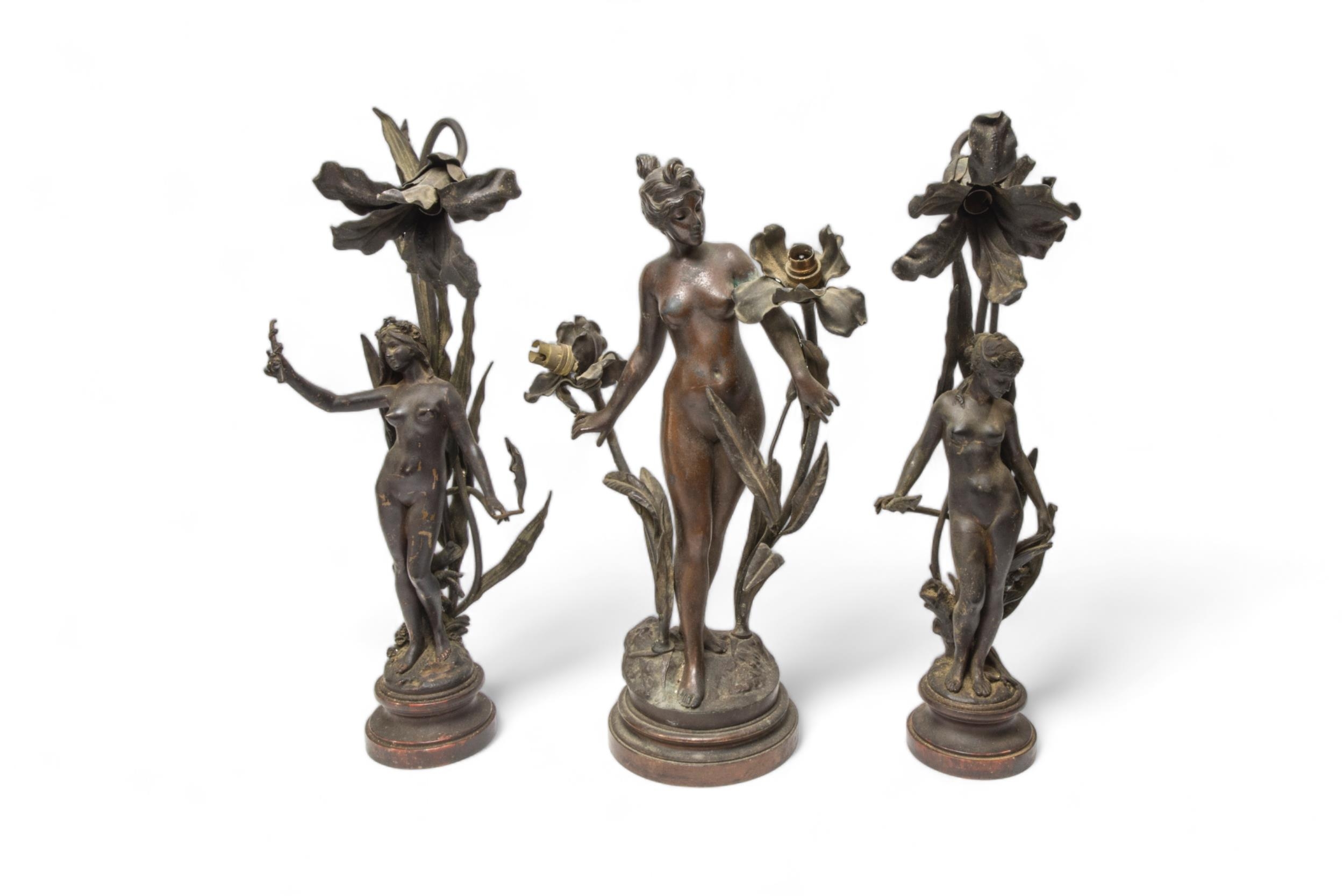 A PAIR OF COPPER ALLOY FRENCH ART NOUVEAU FIGURAL LAMPS AFTER MOREAU ON STONE BASES, and another - Image 2 of 2