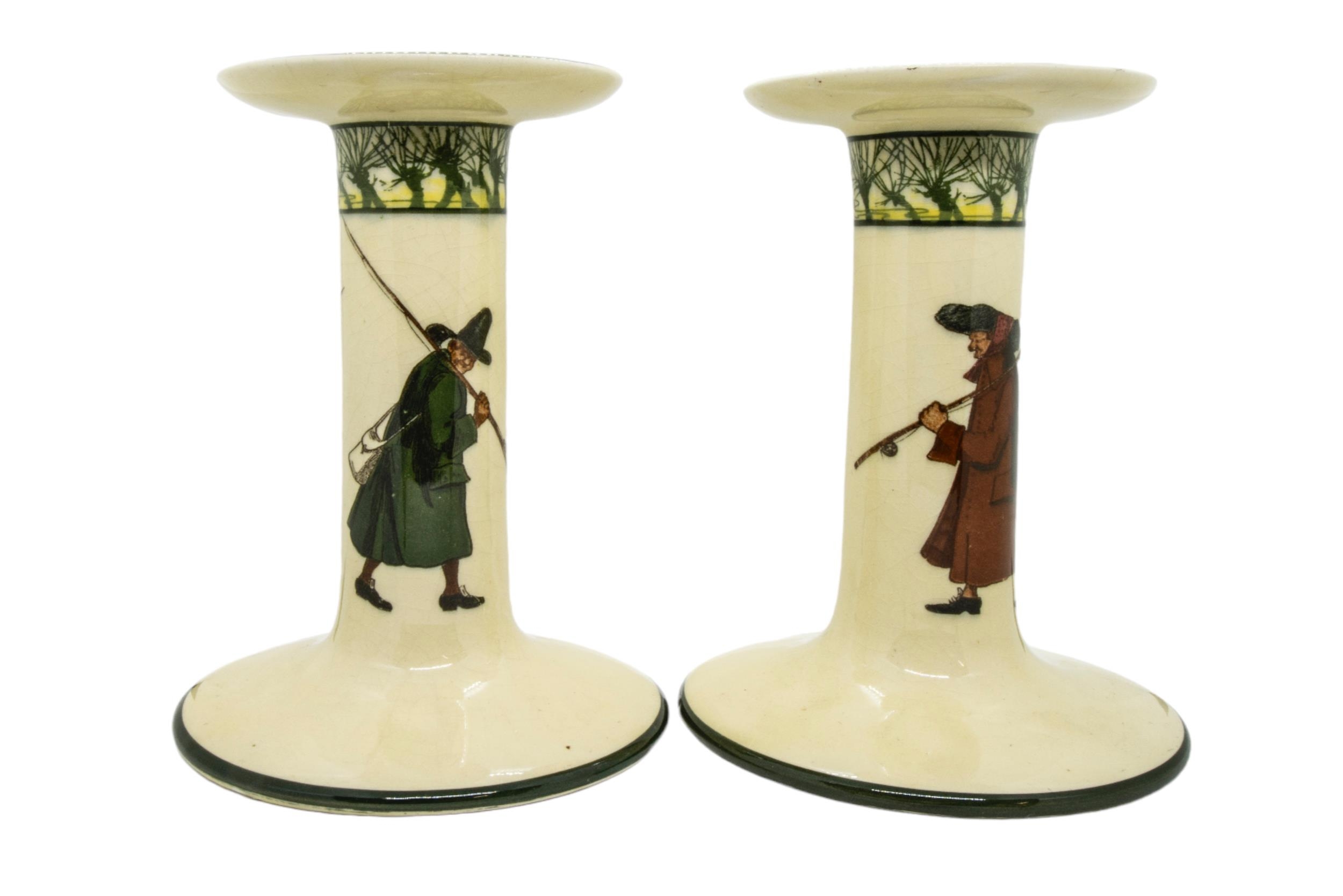A PAIR OF LARGE ROYAL DOULTON CANDLESTICKS AND ADMIRAL BEATTY JUG, the sides of the cream coloured - Image 3 of 4
