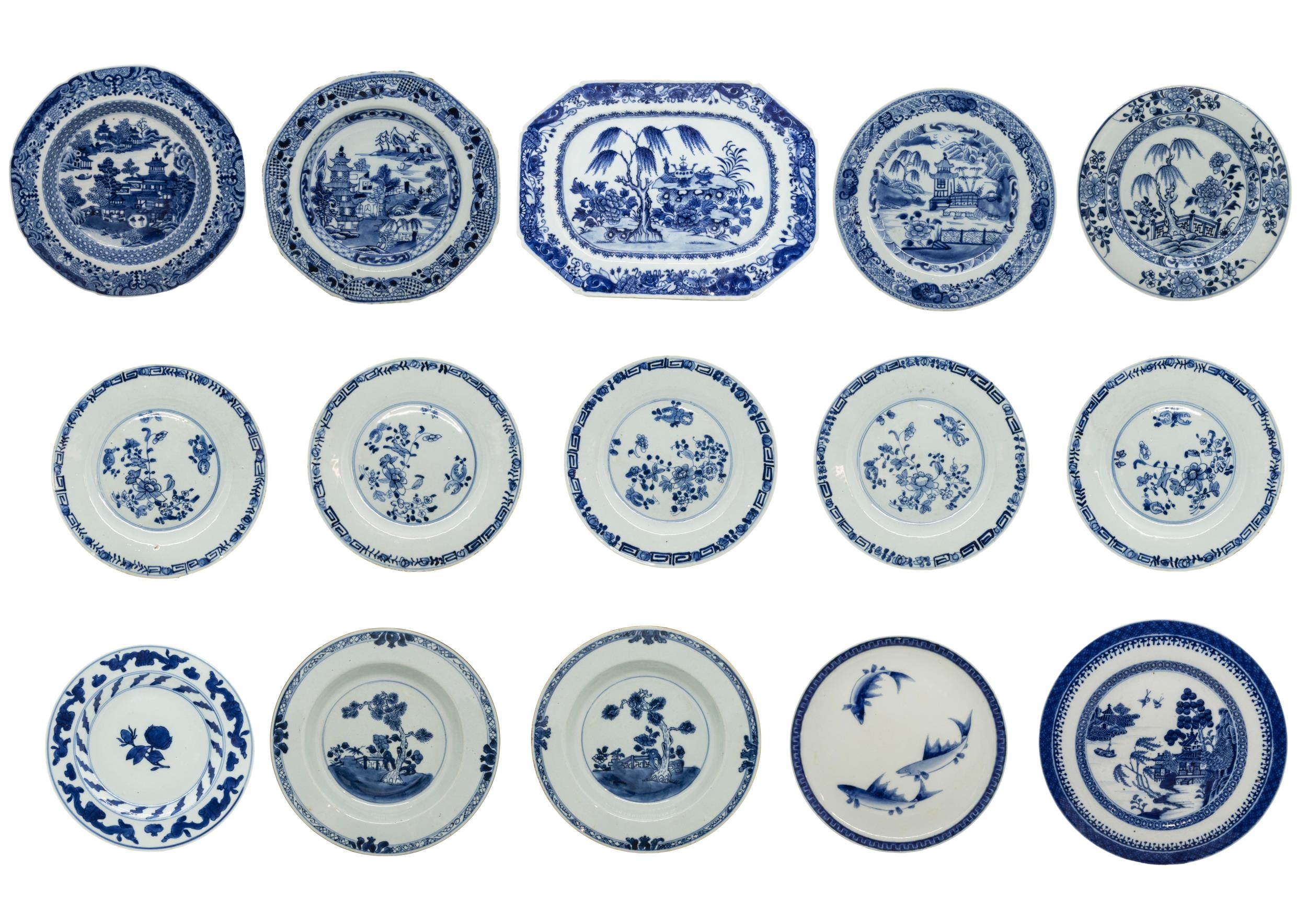 A MIXED COLLECTION OF FOURTEEN CHINESE BLUE AND WHITE DISHES AND AN OCTAGONAL SERVING DISH, late