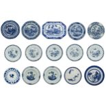 A MIXED COLLECTION OF FOURTEEN CHINESE BLUE AND WHITE DISHES AND AN OCTAGONAL SERVING DISH, late