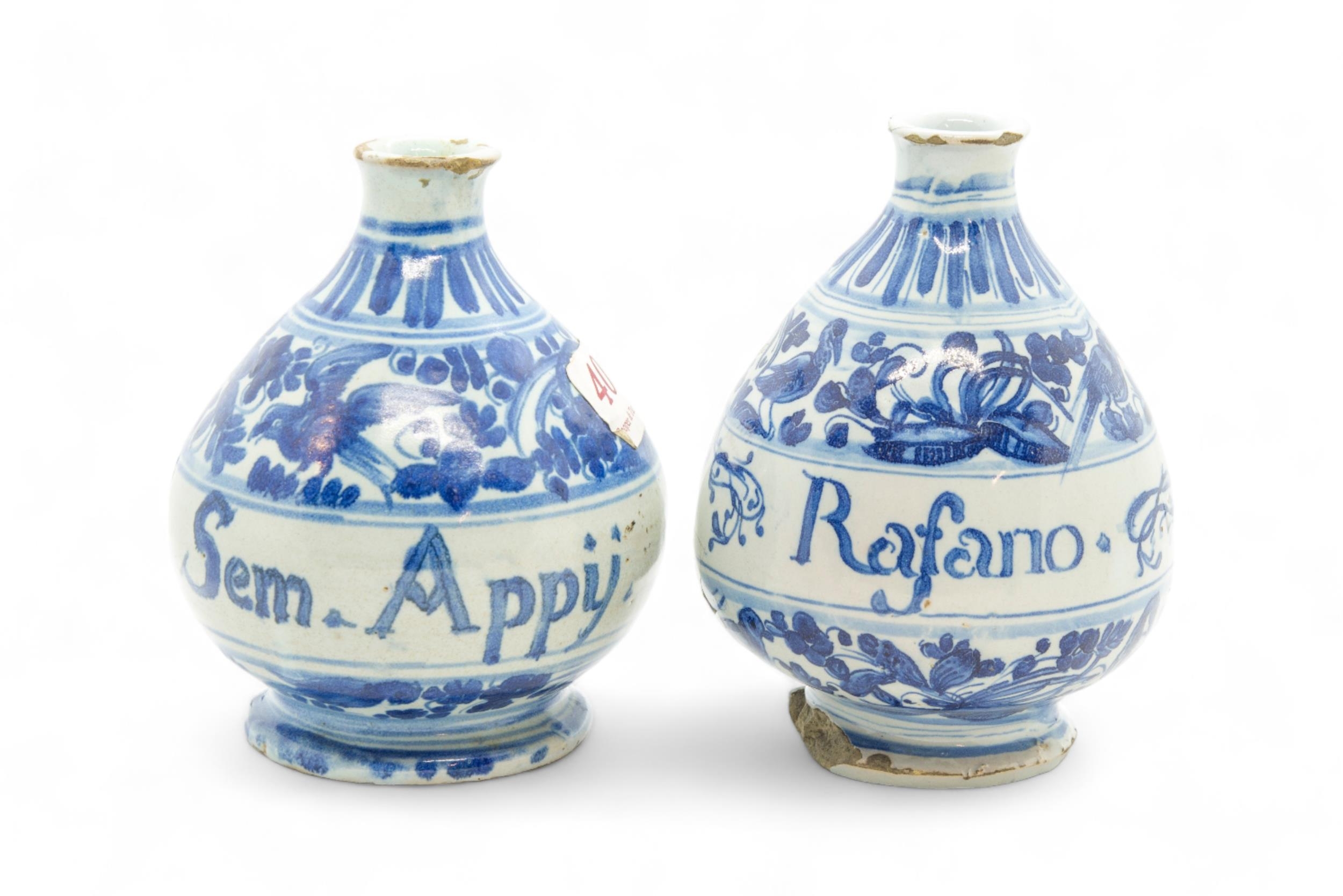 TWO PHARMACY BOTTLES 17th / 18th century, together with a Savona plate inscribed 'SERGIVS GALBA - Image 2 of 3