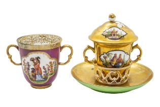 A HELENA WOLFSON CHOCOLATE CUP 19th century, together with a single cup, 13cms high.