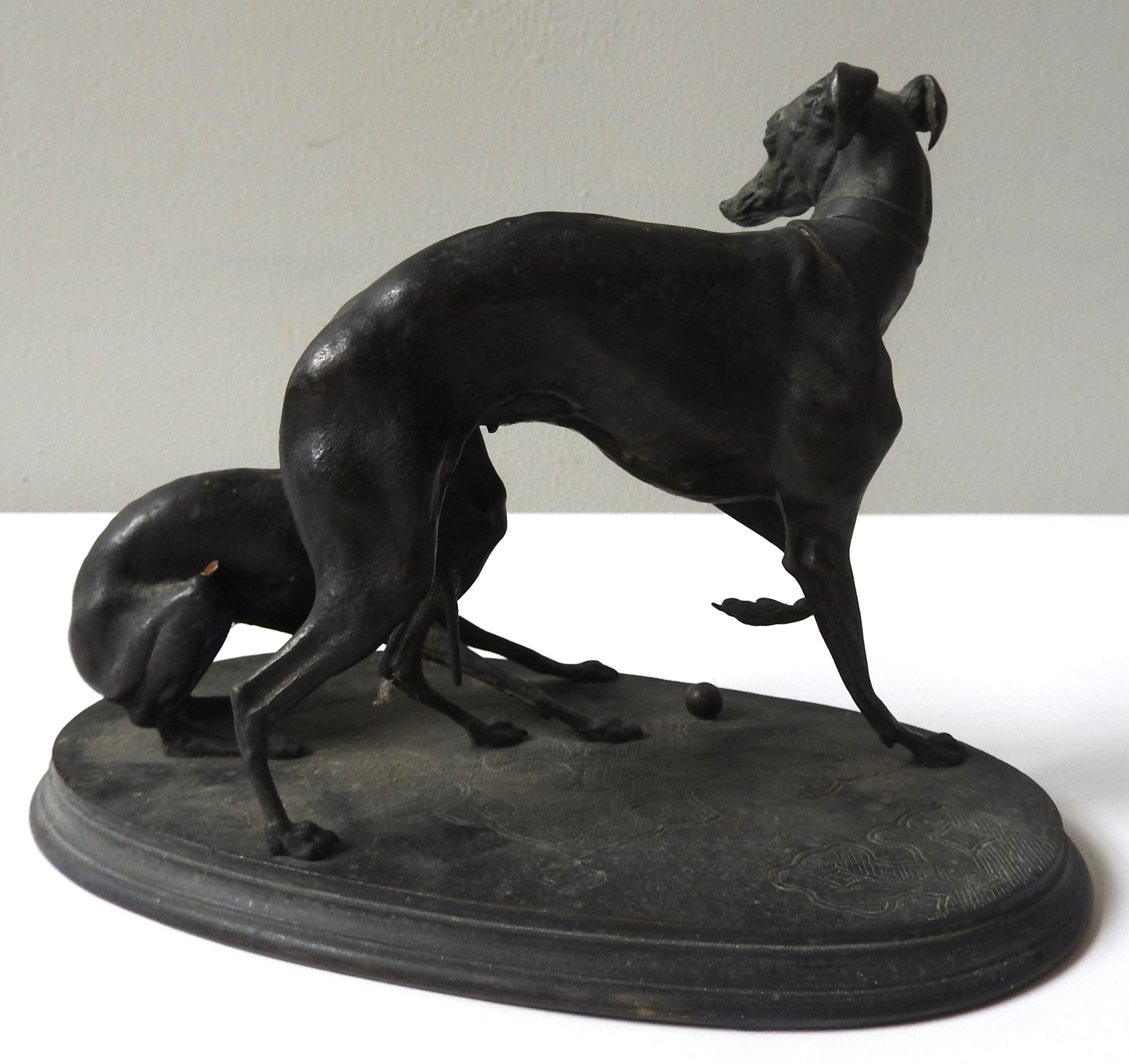 AFTER PIERRE JULES MENE (1810-1879) BRONZE GROUP OF TWO HOUNDS, modelled playing with a ball, raised - Image 4 of 4