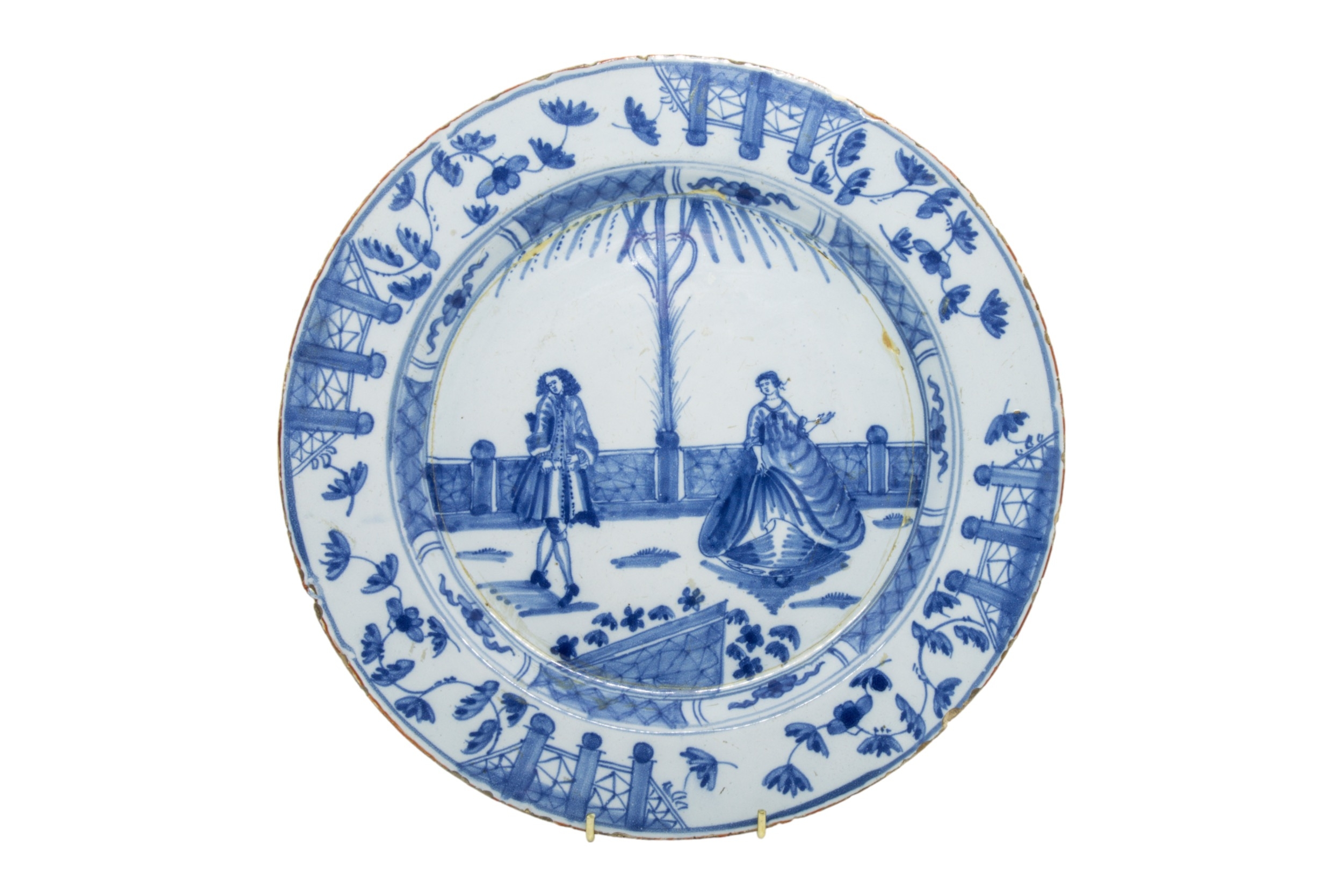 TWO DELFT CHARGERS Mid 18th century, once with two figures in European dress, together with a - Image 6 of 7