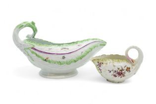 A WORCESTER LEAF SHAPED SAUCE BOAT Mid 18th century, together with another, probably Chelsea