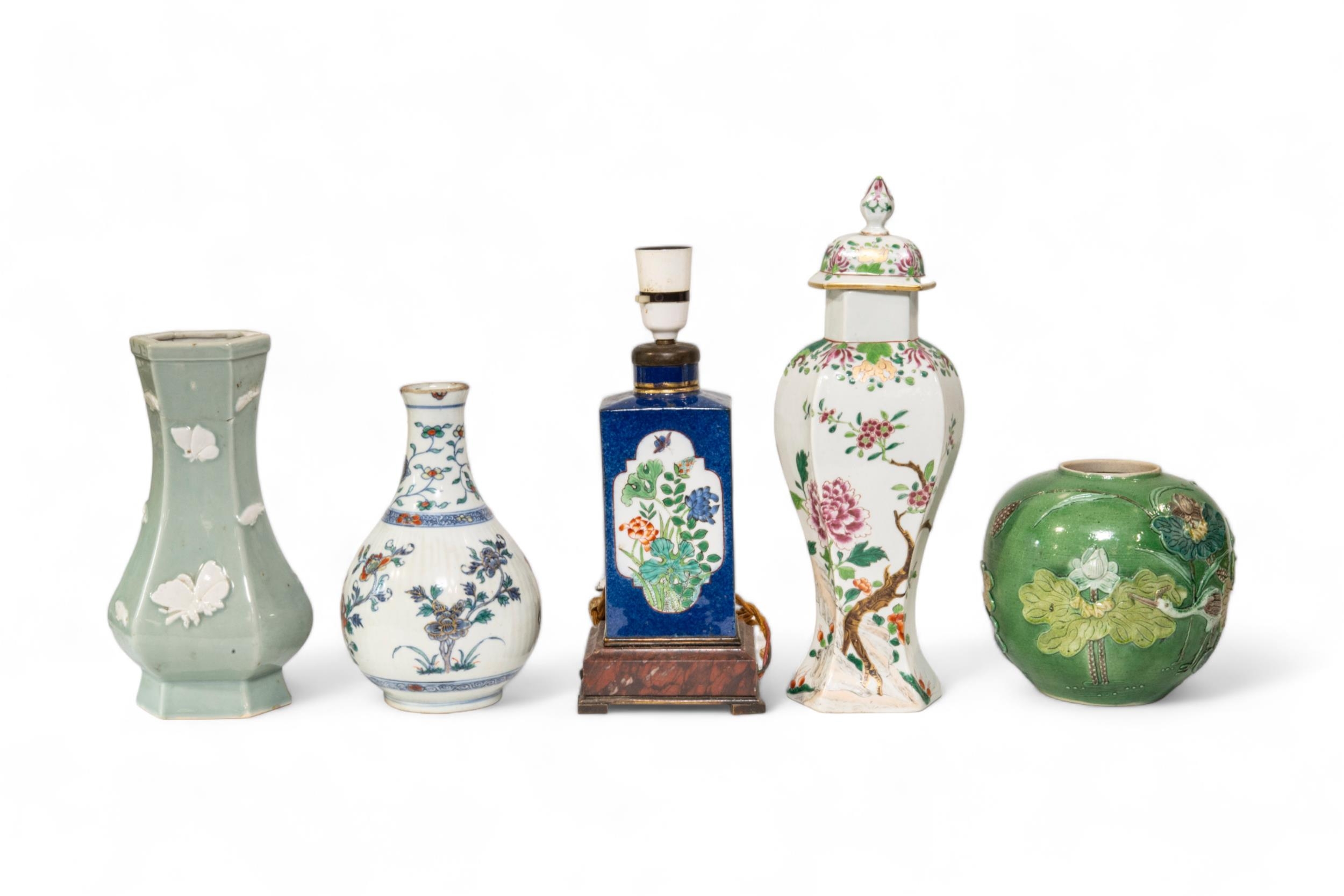 A GROUP OF FIVE CHINESE PORCELAIN VASES 19TH / 20TH CENTURY one mounted as lamp largest, 35cm