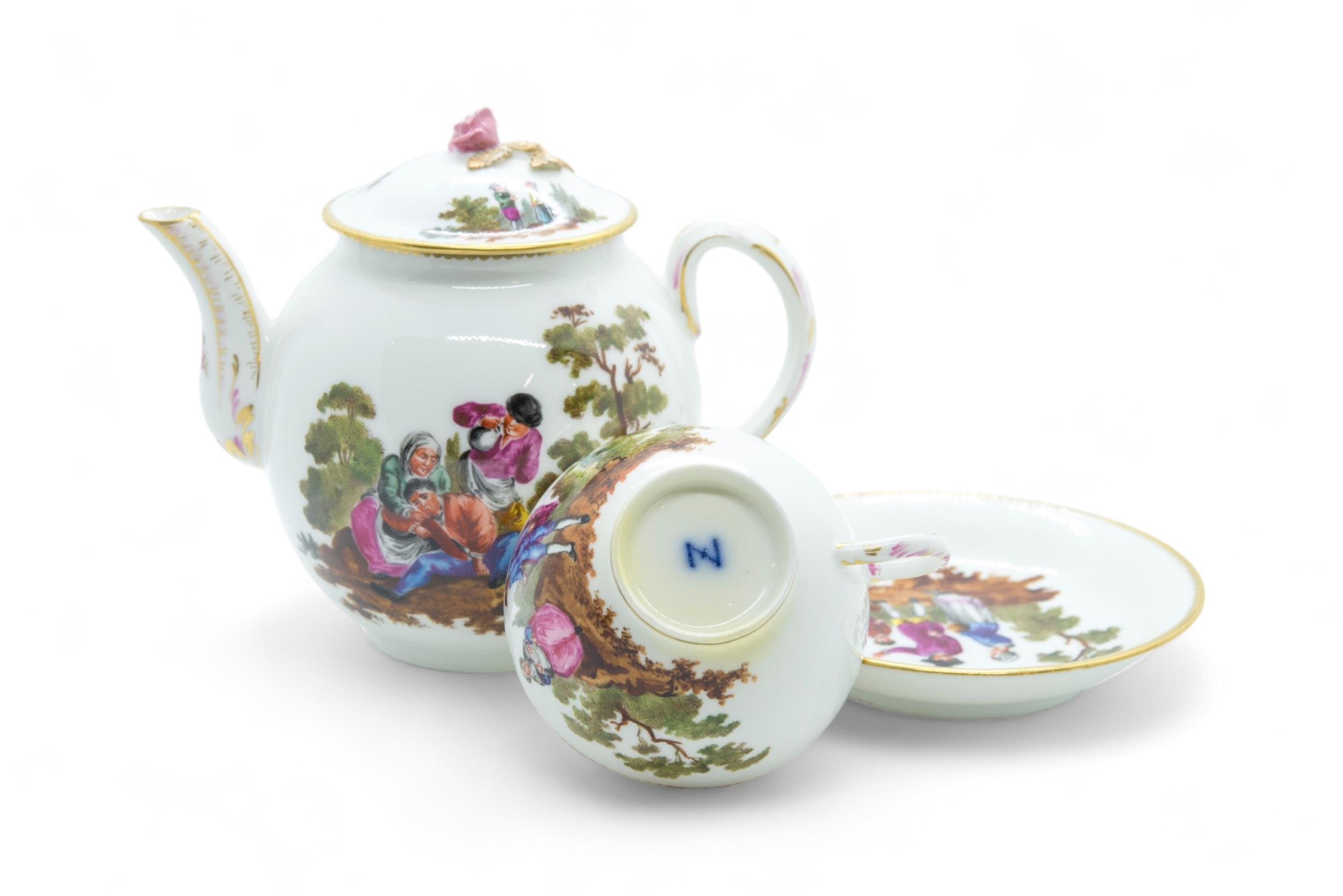 A ZURICH TEAPOT AND A CUP AND SAUCER Circa 1770 painted figures in a landscape, 16cms - Image 3 of 3