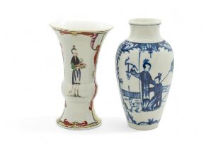 TWO 18TH CENTURY VASES, PROBABLY WORCESTER each decorated in chinoiserie taste, tallest is 16cms