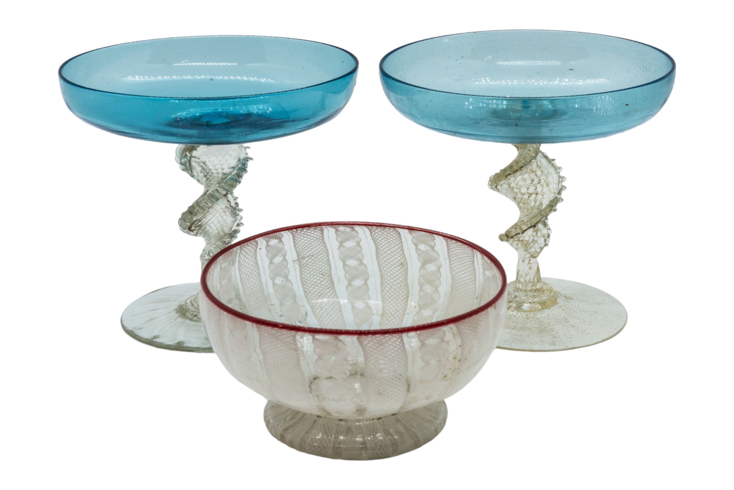 A VENETIAN LATTICINO GLASS BOWL AND TWO TAZZE 19th / 20th century, tazze are 10cms high