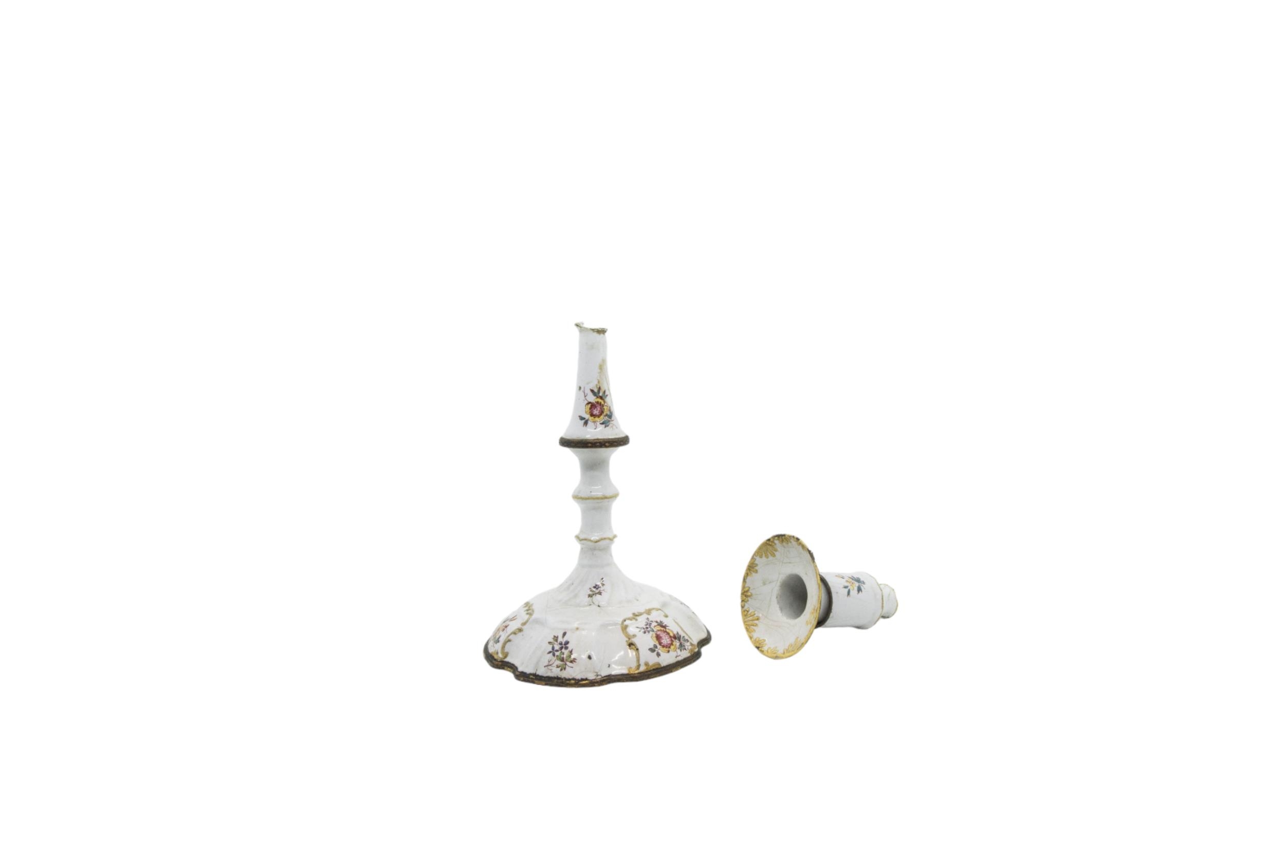 A PAIR OF ENAMEL CANDLESTICKS Mid 18th century, together with a single candlestick and an open - Image 3 of 4