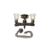 A REGENCY BRONZE HANGING OIL LAMP With cut glass shade, later converted to electricity