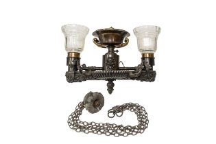 A REGENCY BRONZE HANGING OIL LAMP With cut glass shade, later converted to electricity