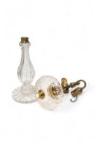 A PAIR OF 19TH CENTURY CUT GLASS OIL LAMP BASES OF BALUSTER FORM, the cut reservoirs later converted