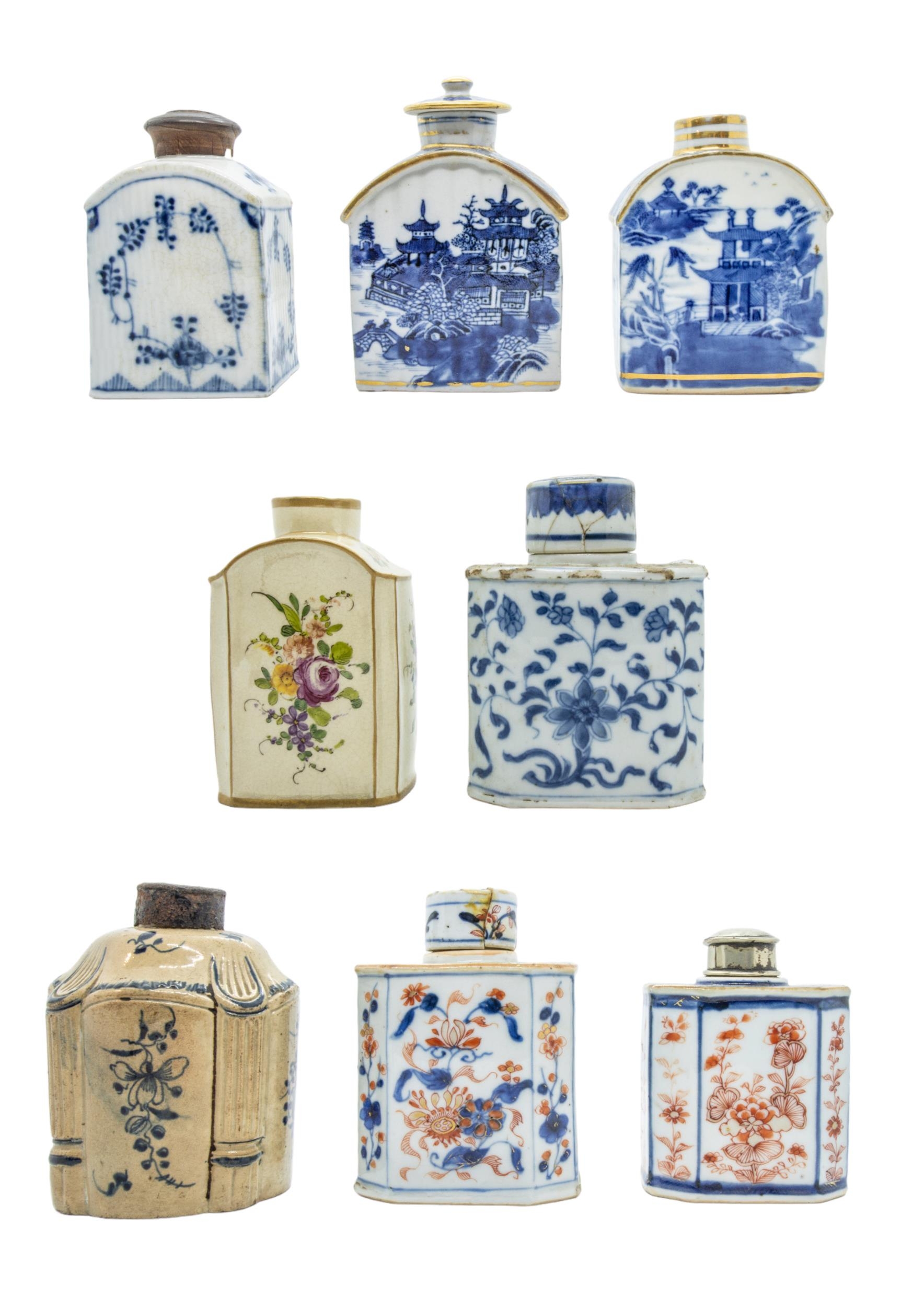 A MIXED GROUP OF EIGHT PORCELAIN TEA CADDIES, 18TH/19TH CENTURY, including two Imari pattern