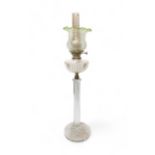A VICTORIAN OIL LAMP with hexagonal glass column and circular base with cut glass reservoir and
