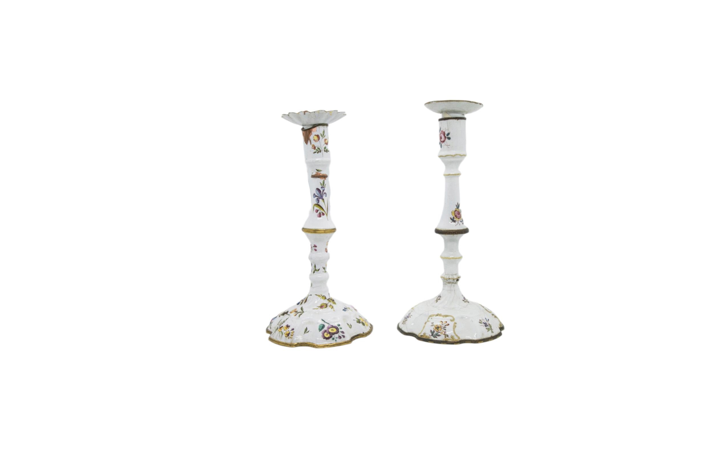 A PAIR OF ENAMEL CANDLESTICKS Mid 18th century, together with a single candlestick and an open - Image 2 of 4