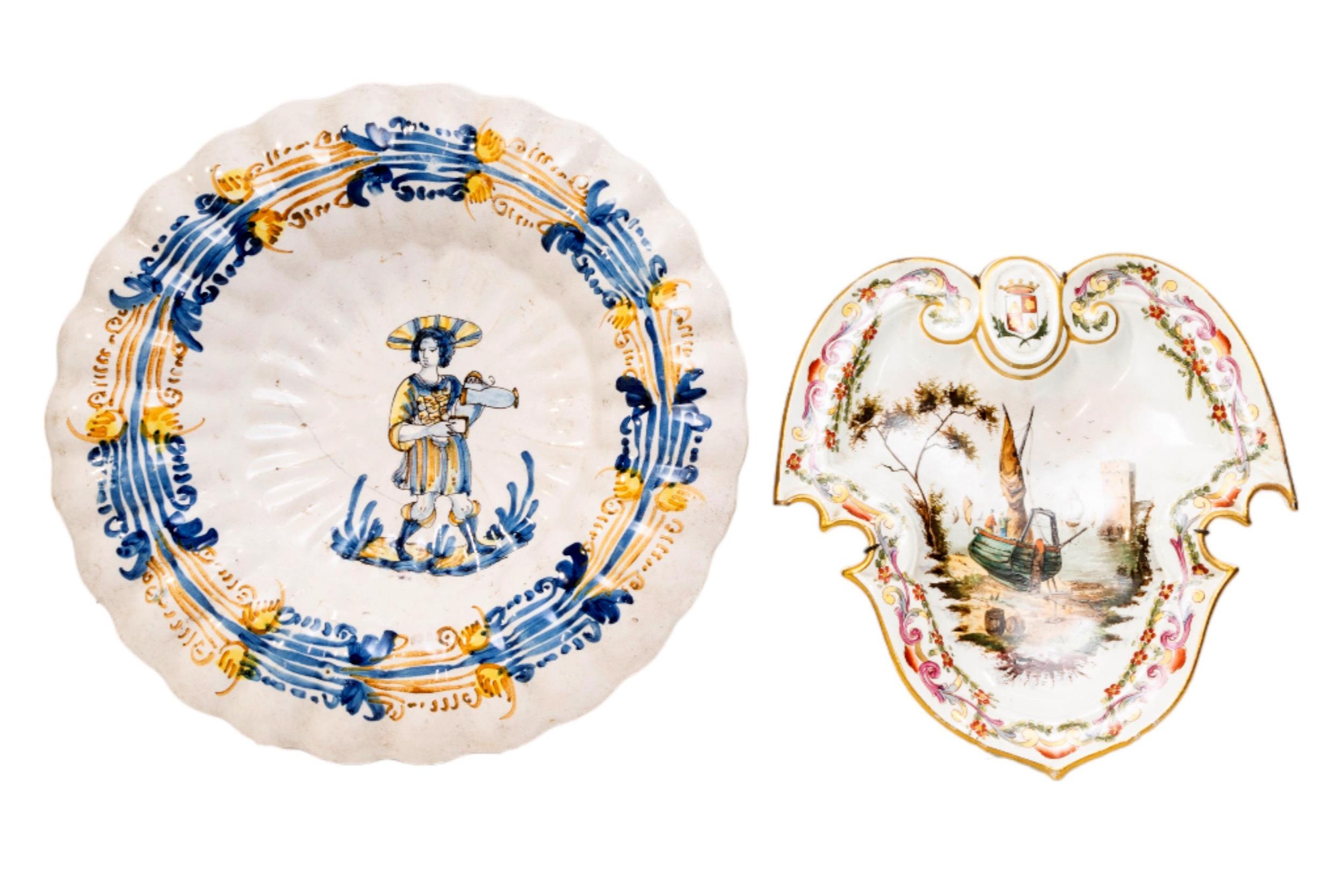 A FRENCH FAIENCE CARTOUCHE FORM DISH, 18TH CENTURY, painted with a fishing scene, along with a large - Image 5 of 5