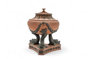 A WEDGWOOD ROSSO ANTICO PASTILLE BURNER Impressed 'JOSIAH WEDGWOOD FEB 2 1805' and raised on dolphin