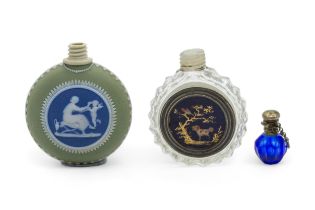 A WEDGWOOD MULTICOLOURED JASPER SCENT FLASK 18th century, together with two glass scent flasks,