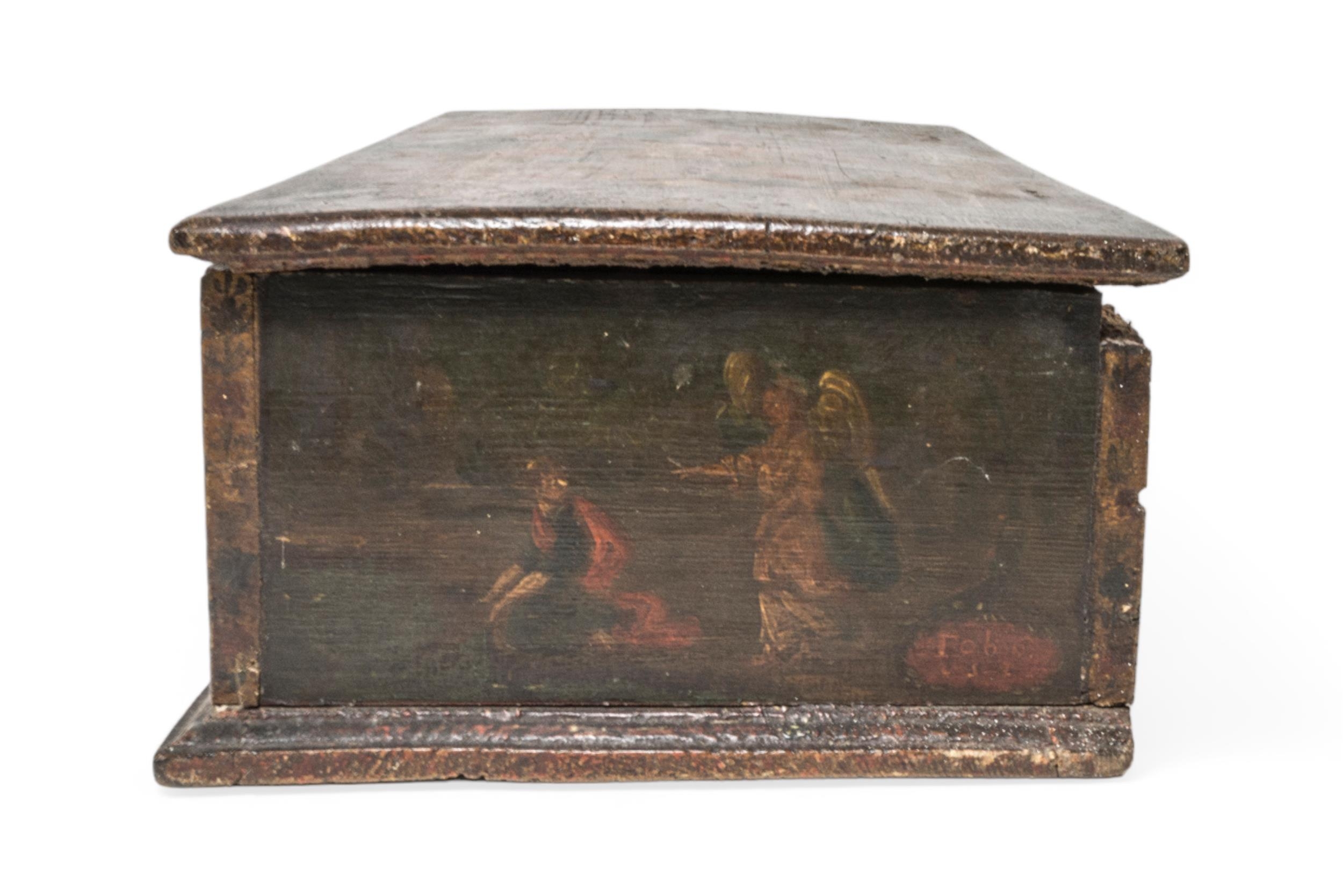 A CONTINENTAL PINE BOX, probably late 18th century, the side panels painted with three biblical - Image 4 of 5