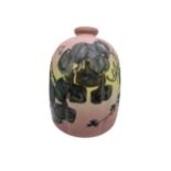 A JAPANESE LOBED LANTERN FORM VASE, the matte porcelain sides painted with peach blossoms, the