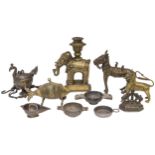 AN INDIAN COPPER ALLOY ELEPHANT ‘CANDLESTICK’, a horse, a wheel-along-fish, an oil lamp, and other