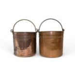 A COPPER AND BRASS COAL/LOG BUCKET with riveted seams and swing handle and another similar. 26 cms
