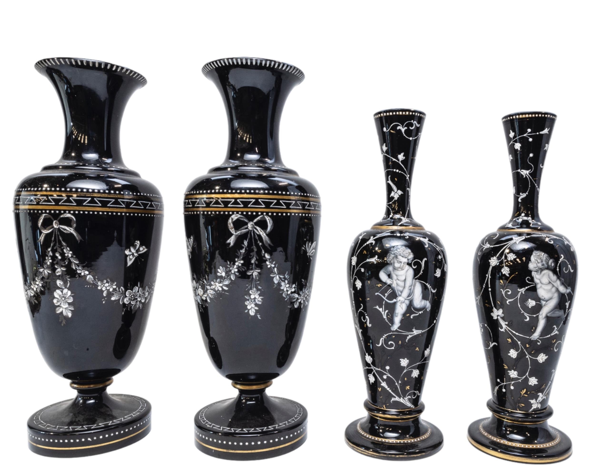 TWO PAIRS OF 19TH CENTURY OVERPAINTED GLASS VASES, the larger pair painted with ribbon tied floral