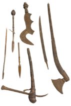 AN NGOMB 'RITUAL' SWORD WITH LINE DECORATED BLADE and double knopped hilt, other tribal weapons