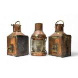TWO MATCHING COPPER AND BRASS BOAT LANTERNS with plaques for ‘Bow Port Patt 23’ and makers stamped