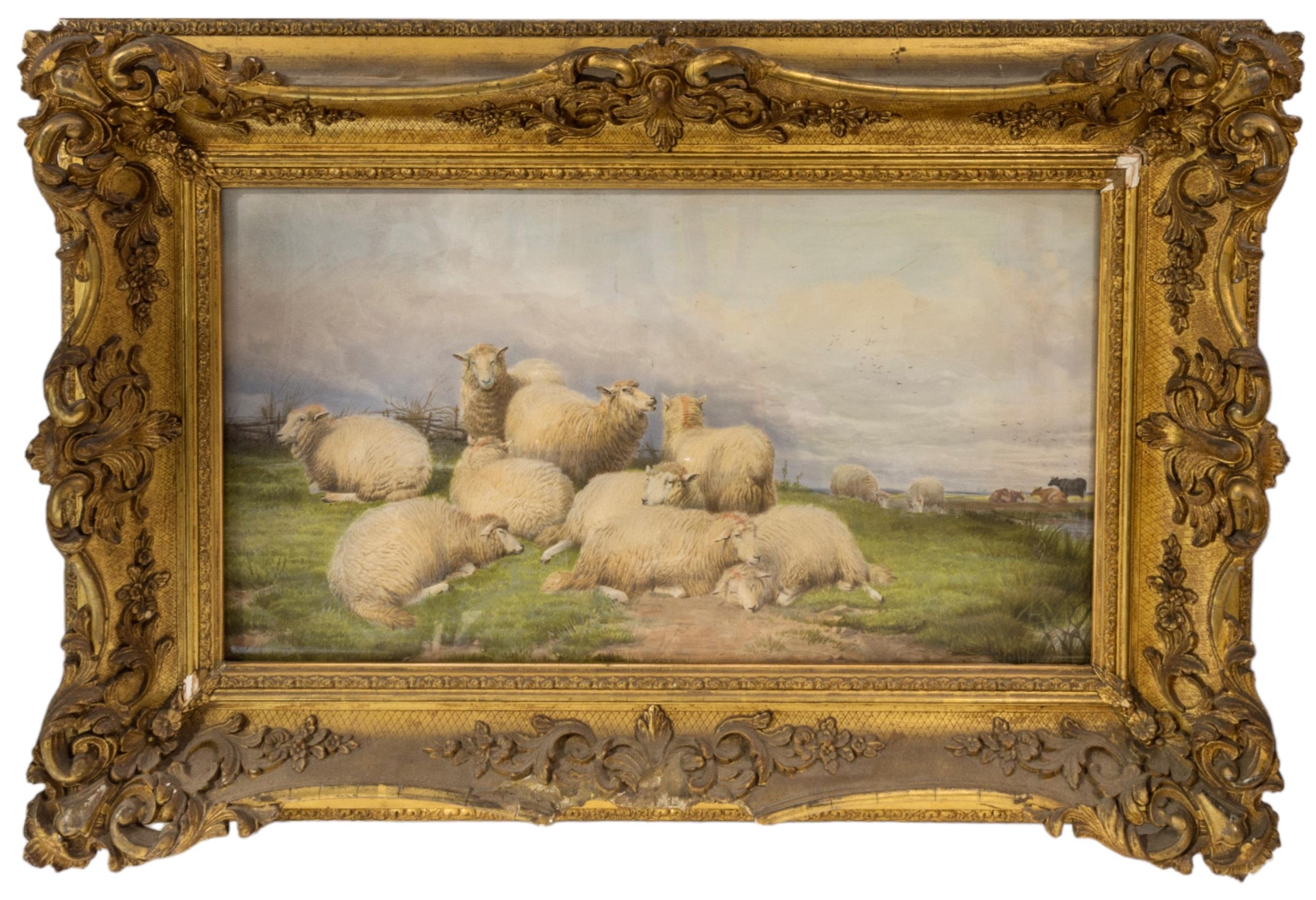 ATTRIBUTED TO THOMAS SIDNEY COOPER (1803-1902) WATERCOLOUR OF SHEEP RESTING, with cattle beyond,