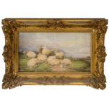 ATTRIBUTED TO THOMAS SIDNEY COOPER (1803-1902) WATERCOLOUR OF SHEEP RESTING, with cattle beyond,