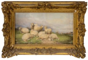 ATTRIBUTED TO THOMAS SIDNEY COOPER (1803-1902) WATERCOLOUR OF SHEEP RESTING, with cattle beyond,