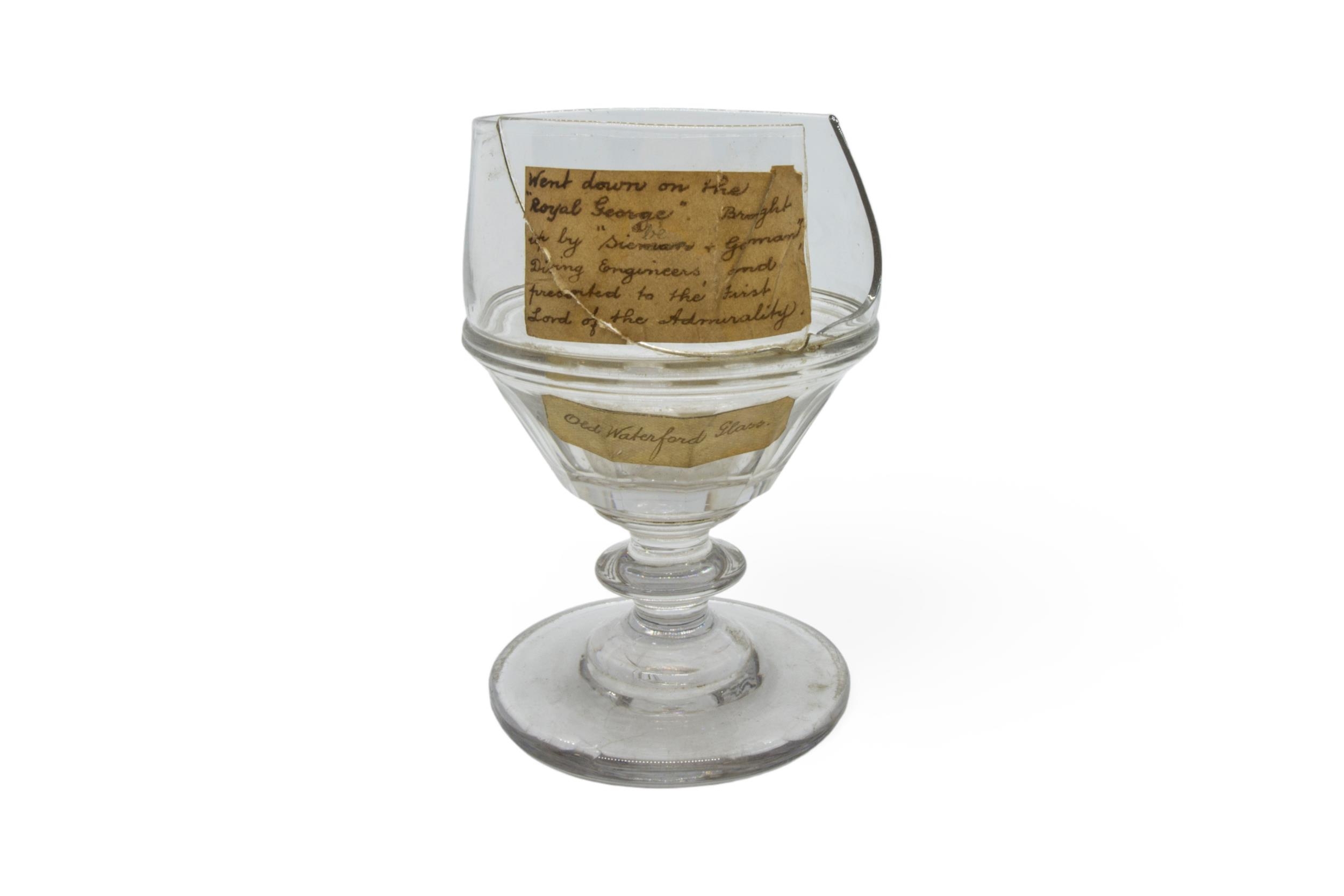 A GEORGIAN DRINKING GLASS BEARING A 19TH CENTURY LABEL 'Went down on the Royal George, Brought up by - Image 7 of 8