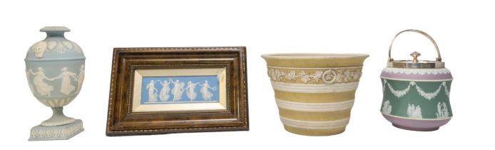A WEDGEWOOD JASPER WARE BISCUIT BARREL, green and lavender grounds, decorated with festoons and