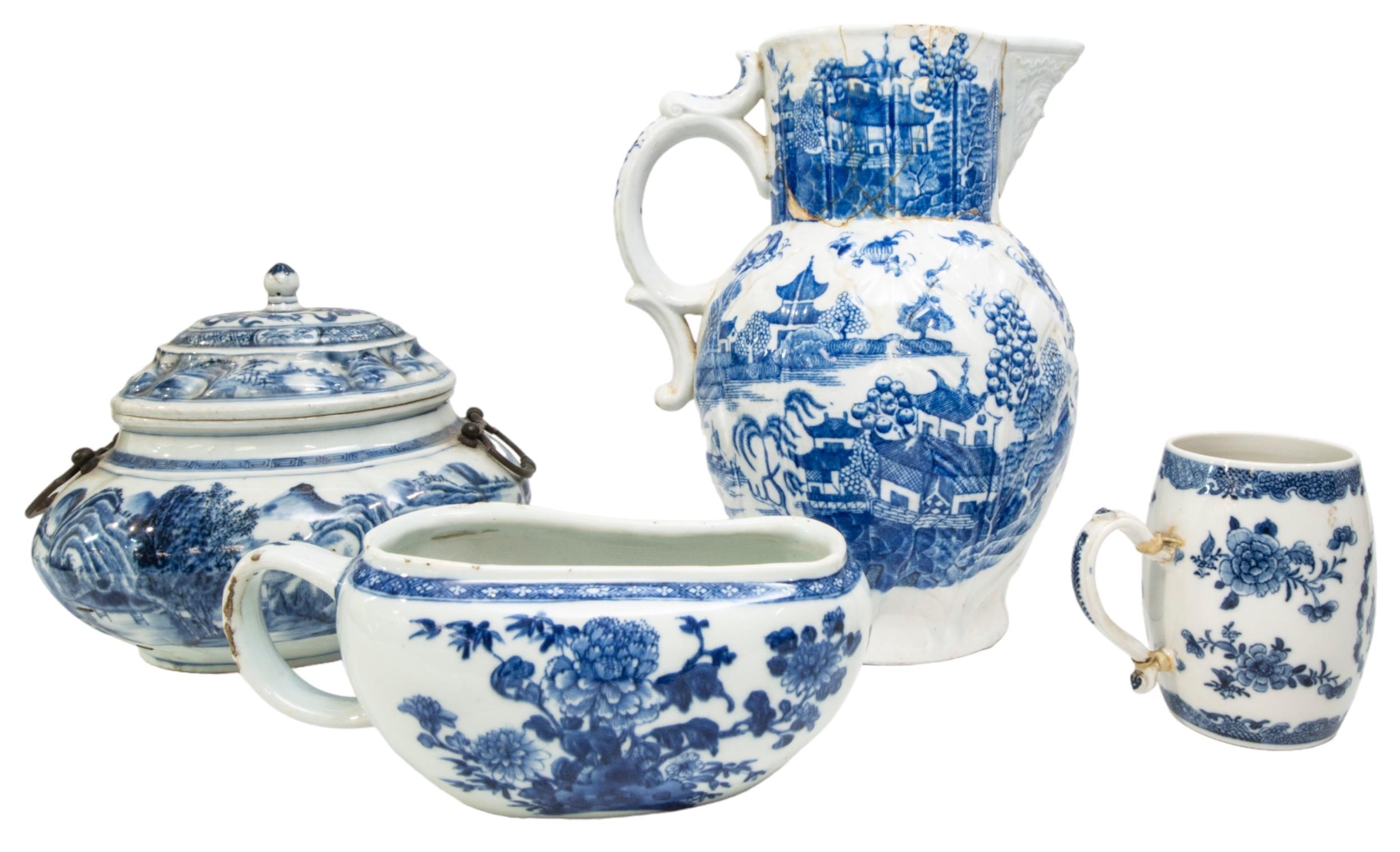 AN 18TH CENTURY CHINESE EXPORT BOURDALOUE, along with a large pitcher with mask form spout, barrel