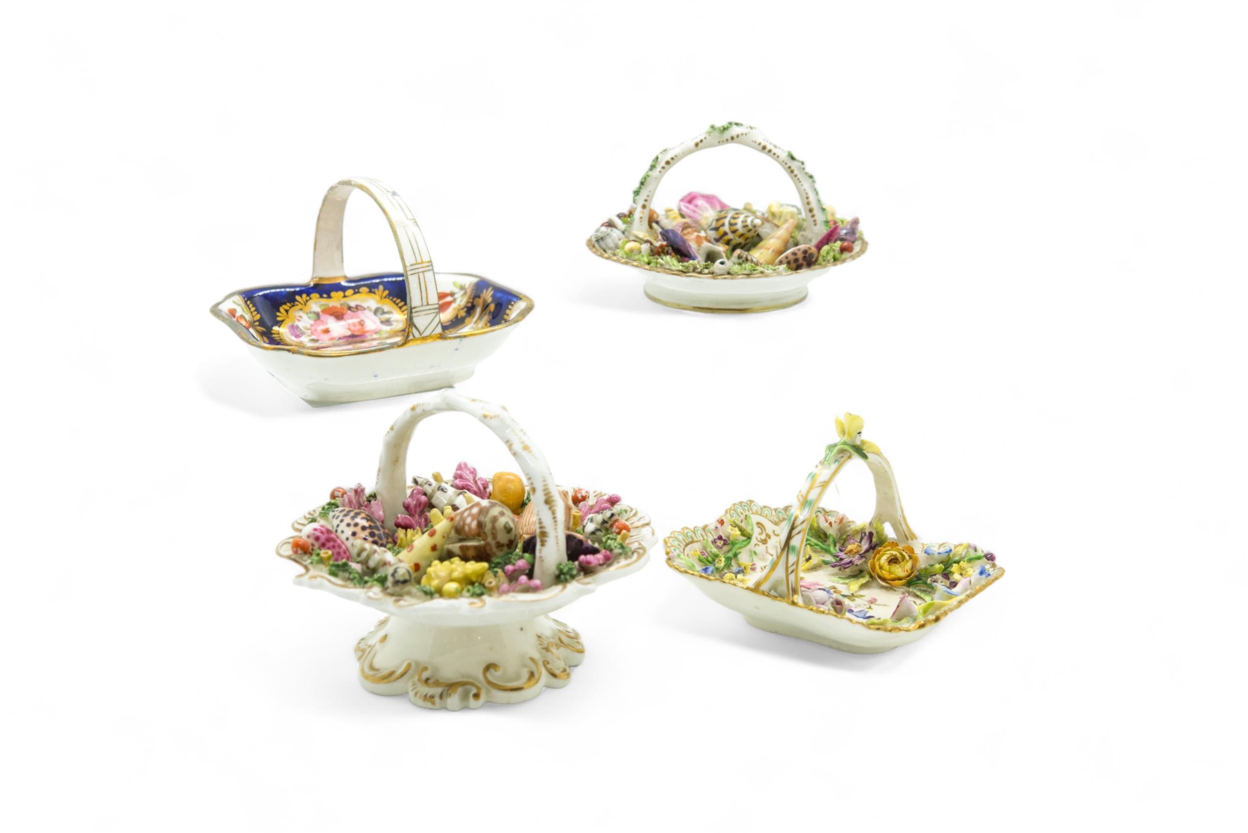 FOUR ENGLISH MINIATURE BASKETS Circa 1840, two with molded shells, one encrusted flowers, the - Image 2 of 4