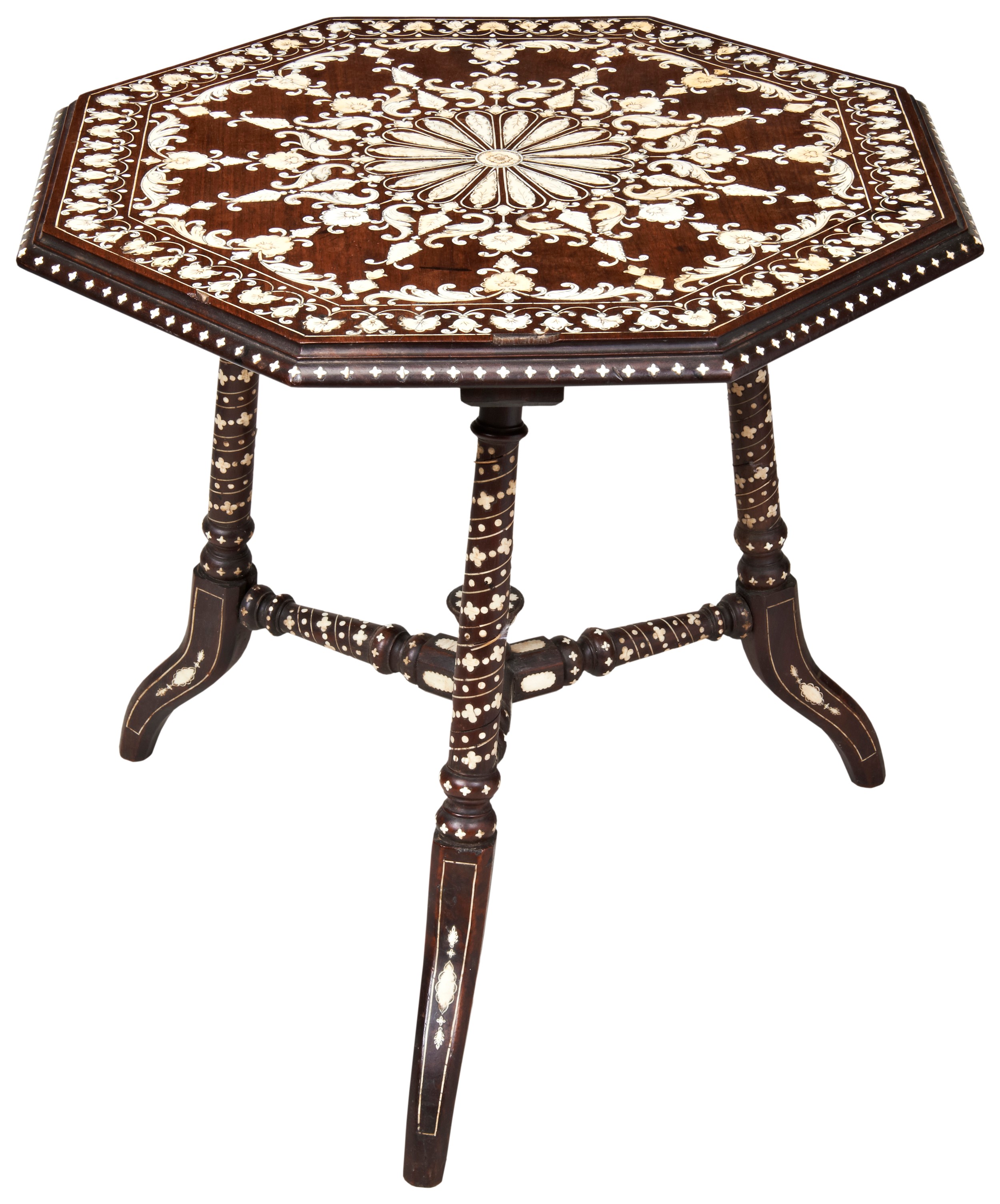 AN ANGLO-INDIAN IVORY INLAID OCCASIONAL TABLE 19TH CENTURY the octagonal top inlaid throughout