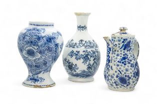 A DELFT GUGLET AND A VASE 18th century, guglet is 22.5cms high, along with a coffee pot