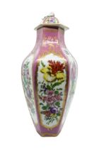 AN 18TH CENTURY CHELSEA HEXAGONAL VASE AND COVER, the sides decorated with floral painted panels
