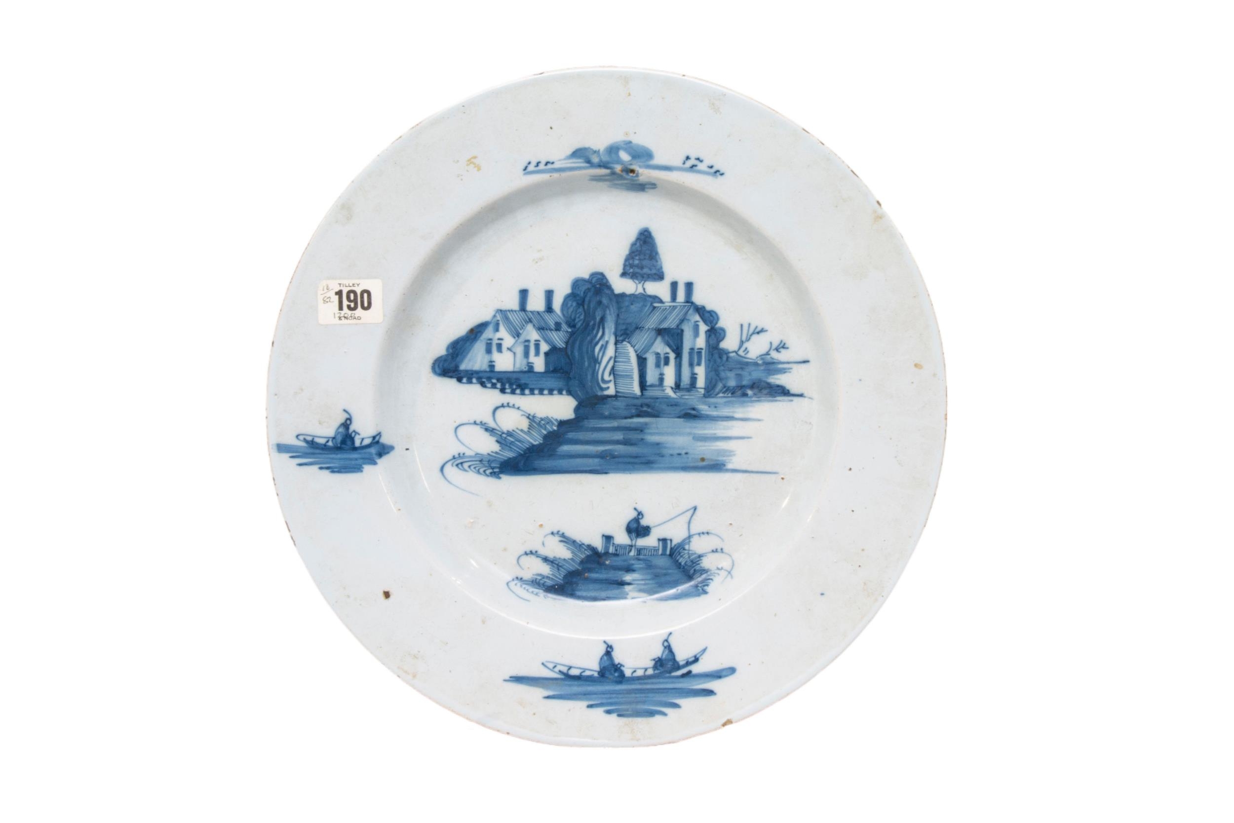 THREE LARGE DELFT DISHES, 18TH CENTURY, consisting of two dishes painted with traditional rural - Image 3 of 4