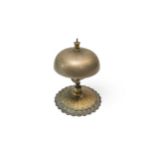 A VICTORIAN DOUBLE SIDED HAND BELL WITH WOODEN HANDLE, A SCHOOL BELL AND A SHOP COUNTER BELL (