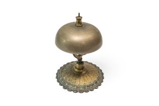 A VICTORIAN DOUBLE SIDED HAND BELL WITH WOODEN HANDLE, A SCHOOL BELL AND A SHOP COUNTER BELL (