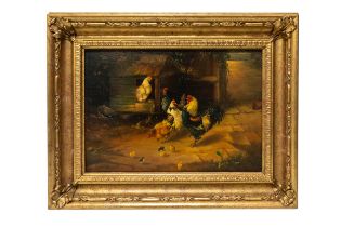 ATTRIBUTED TO EDGAR HUNT (1876-1953) OIL PAINTING ON BOARD, depicting cockerel, hens and chicks in a