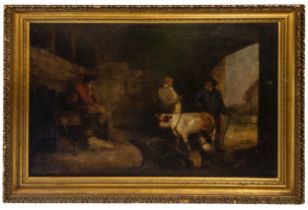 MANNER OF GEORGE MORLAND (1762-1804) OIL PAINTING ON CANVAS, depicting figures and livestock in a