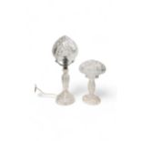 A CUT GLASS TABLE LAMP OF MUSHROOM FORM the shade seated on a chromium mount and another cut glass