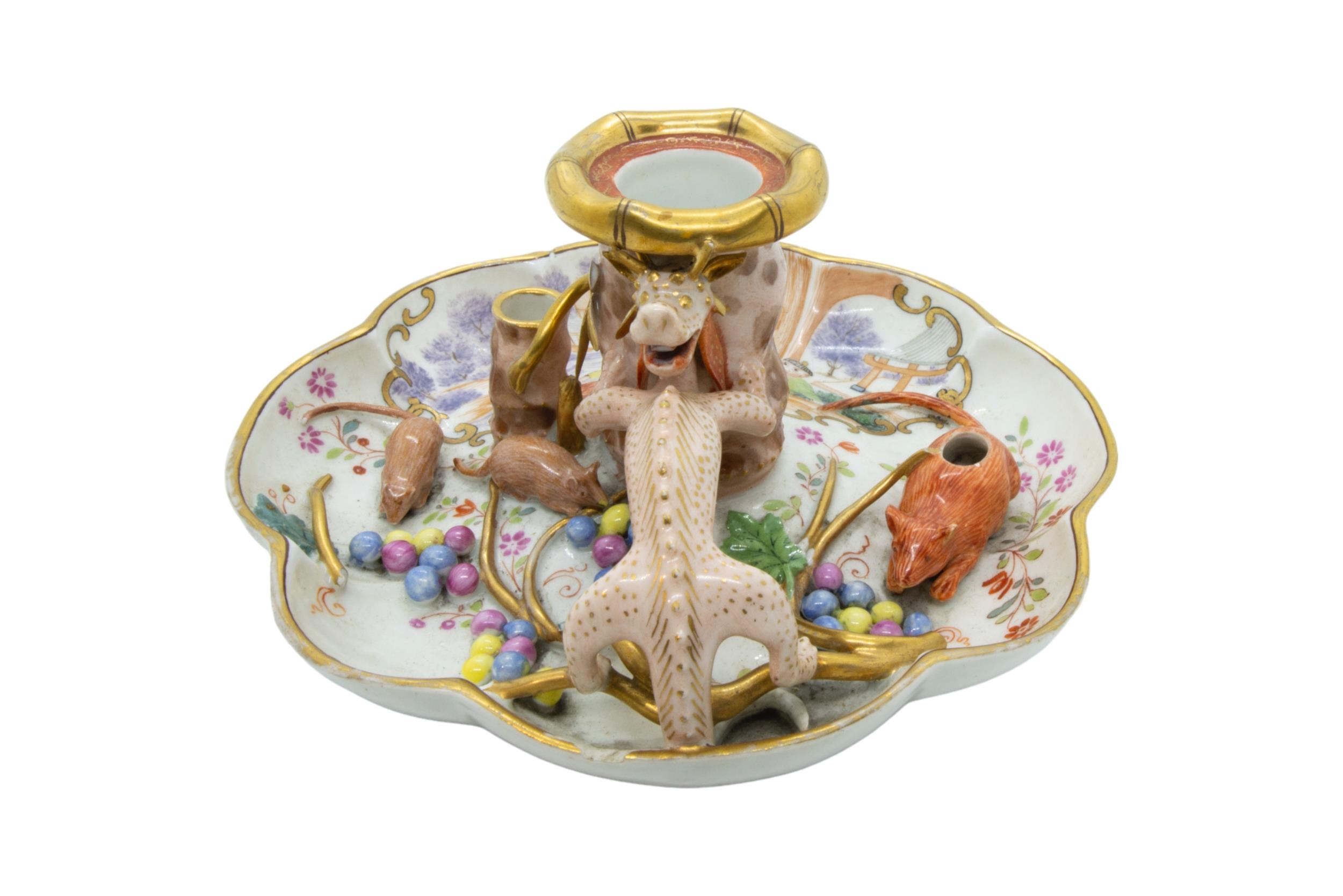 A MEISSEN CHAMBERSTICK AND MEISSEN CUP AND SAUCER, 18TH/19TH CENTURY, the lobed chamberstick painted - Image 6 of 7